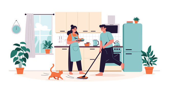 Young family happily cleaning their kitchen, with the husband mopping and the wife cooking, showing equal household roles.