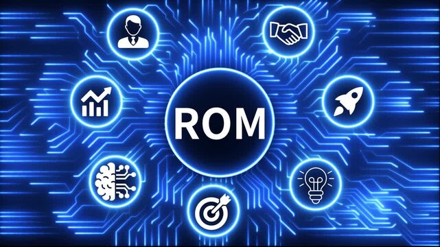 ROM icon surrounded by smaller icons for ai manufacturing strategy. A glowing neon, and manufacturing process management all connected in a digital circuit like pattern, 4k video 