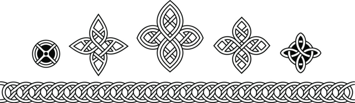 Celtic borders, and headers, medieval knotwork frames, interlaced ornaments, traditional decorative borders, vintage line elements, classic design.