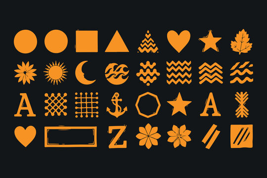 Orange hand drawn icons and symbols collection on dark background.