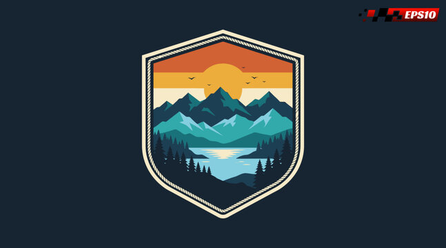 Mountain Lake Sunset Landscape Badge Design.