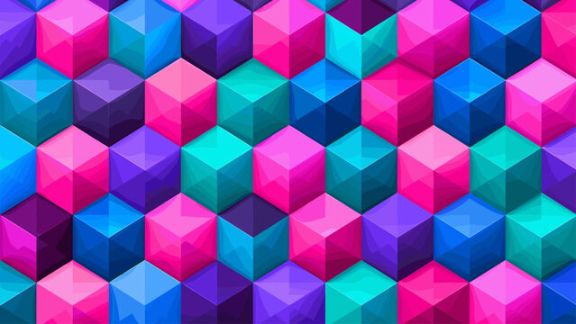 Colorful low-poly cube pattern with pink blue purple and teal geometric facets, cubes, lowpoly, pattern, geometric, pink, blue,