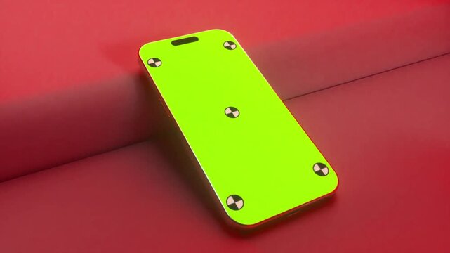Modern Smartphone Mockup With Green Chroma Key Screen On Red Background