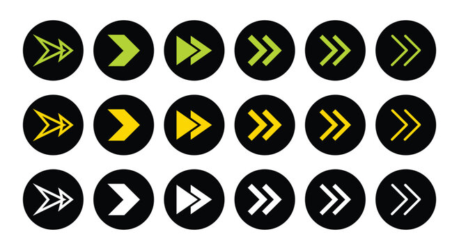 Yellow glowing double chevron arrow inside black circle icon set fast forward next button navigation vector collection element