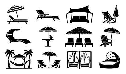 Fototapeta premium Beach Sun Lounger and Umbrella Black White Icons Vector Set