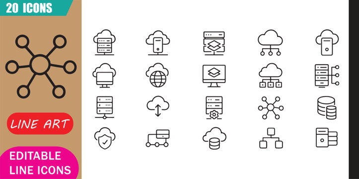 Isolated cloud computing icons set, 20 editable line art icons set, cloud computing, server virtualization, infrastructure networking storage, digital hosting theme, clean outline vector