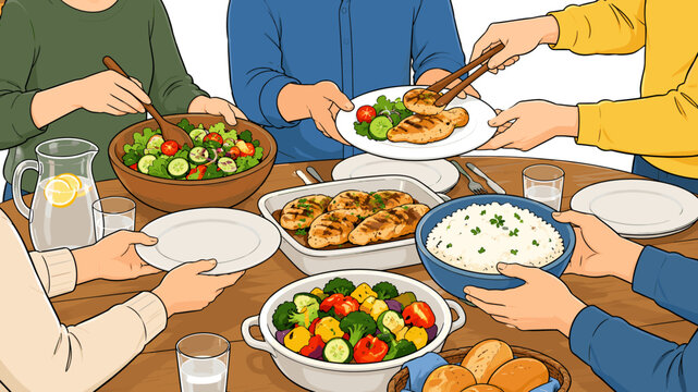 Family enjoying a delicious home-cooked meal together around a wooden table