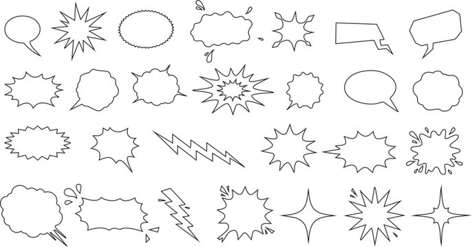 Comic explosion speech bubble vector shapes, speech bubble stock, starburst designs in black. Ideal for graphic design, comic book art, pop art, and digital illustrations