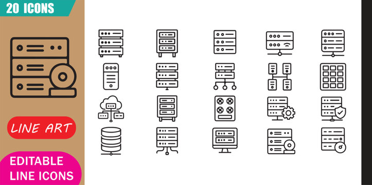 Isolated server rack icons set, 20 editable line art icons set, server rack, hardware networking hosting, infrastructure enterprise storage, computing theme, clean outline vector