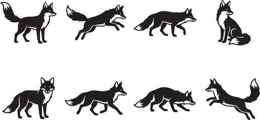Obraz premium Black fox icons, vector fox silhouettes, 8 fox graphics, wildlife illustrations, animal designs isolated on Transparent Background
