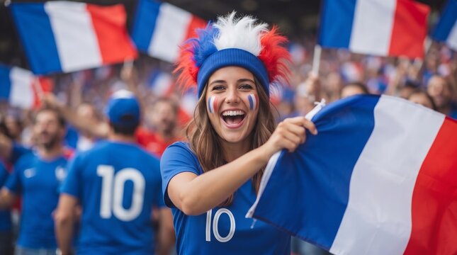 Female soccer fan wearing blue jersey and face paint celebrates with French flag at a football match, surrounded by cheering supporters waving flags in the background