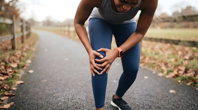 Athletic woman in grey tank top and blue leggings clutching her injured knee while experiencing sharp physical pain during an outdoor run on a path