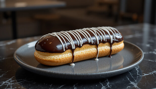 Gourmet chocolate eclair with vanilla cream and white icing on a marble table