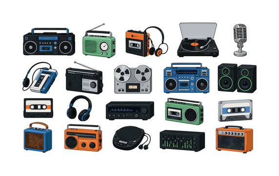 Collection of vintage audio equipment and music players on a white background