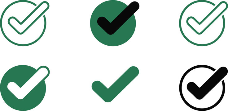 Check tick mark icon set, right and wrong symbols, checkmarks, X icons, circle marks, hand drawn sketch, doodle style.