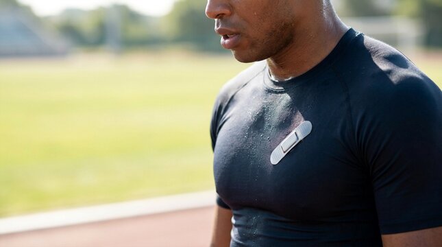 Sweaty athletic man wearing a wearable health monitoring patch during intense outdoor exercise on a track