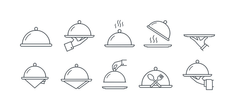 Restaurant serving tray and cloche icons arranged in a gray food service set, cloche, serving tray, food service, restaurant,