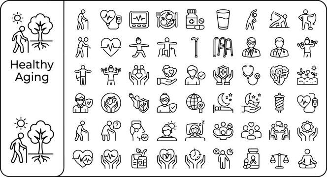Healthy Aging Editable Medical Wellness Outline Icons Collection for Senior Care Longevity Healthcare Lifestyle and Geriatric Vector Museum