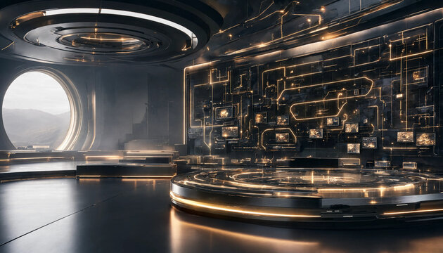 Futuristic industrial command center interior with circular window and complex piping systems sci fi industrial futuristic technology machinery laboratory engineering infrastructure