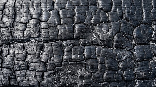 Detailed close-up of a burnt log showing dark charcoal texture, cracked surface, and ash residue, ideal for abstract backgrounds