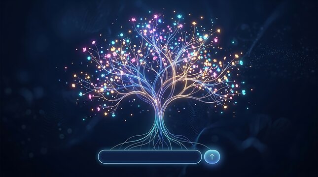 Digital tree of knowledge with glowing data particles, futuristic search bar interface, artificial intelligence and machine learning concept