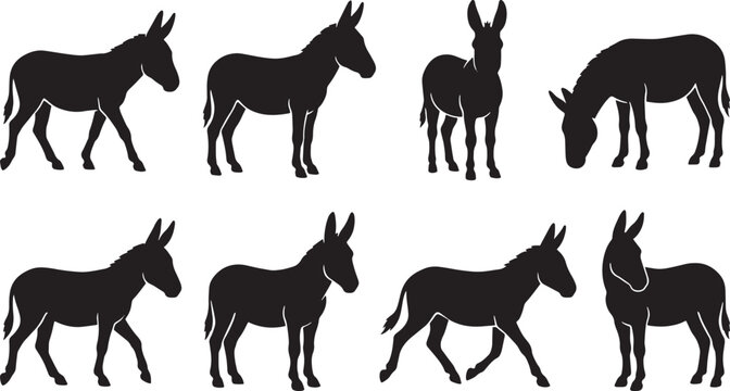 Donkey silhouettes, ass icons, black donkey graphics, animal vector set isolated on Transparent Background