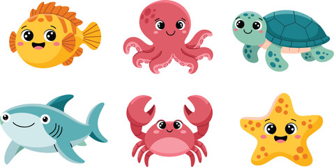 Cute cartoon sea animals vector set, colorful underwater marine creatures collection for kids design illustration © MdNurjamal