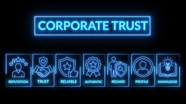 Corporate trust icons display professional reputation and reliable business values here. neon icon animated on transparent..