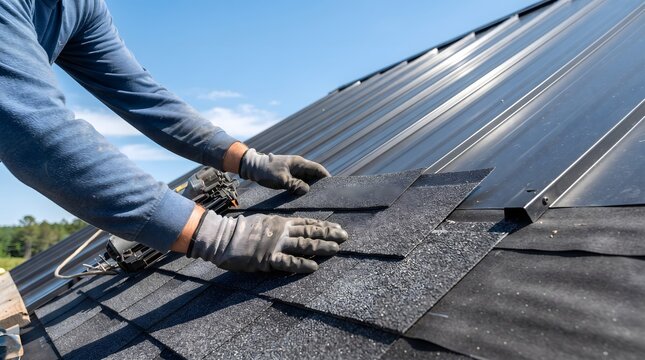 A roofing worker wearing gloves carefully positions a metal roof panel edge over black underlayment on a steeply pitched roof, framed by clear blue sky.