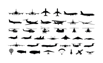 Fototapeta premium Aircraft silhouette icon set with airplanes and flying vehicles, aircraft, airplane, flight, aviation, silhouettes, black, white,