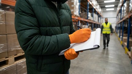 Fototapeta premium Warehouse worker wearing a green puffer jacket and orange protective gloves writes important inventory notes on a white clipboard while standing inside a busy shipping facility