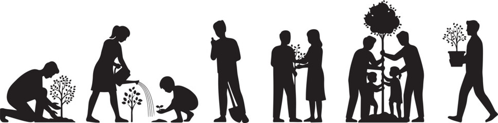 Naklejka premium Silhouette of people planting trees various poses set collection. Family gardening and planting trees outdoor different poses. silhouette Vector illustration