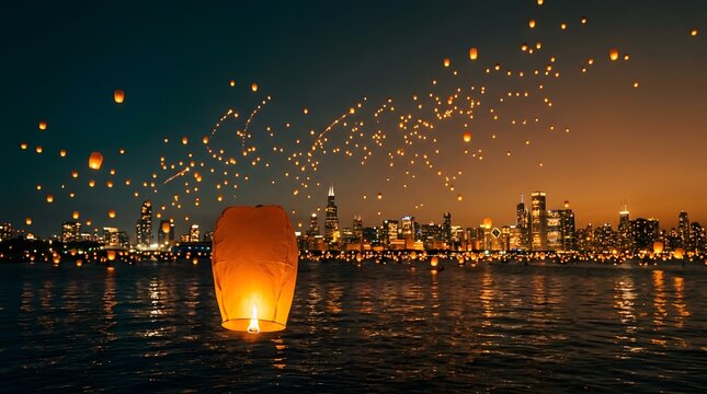 Sky lantern release over chicago skyline at dusk