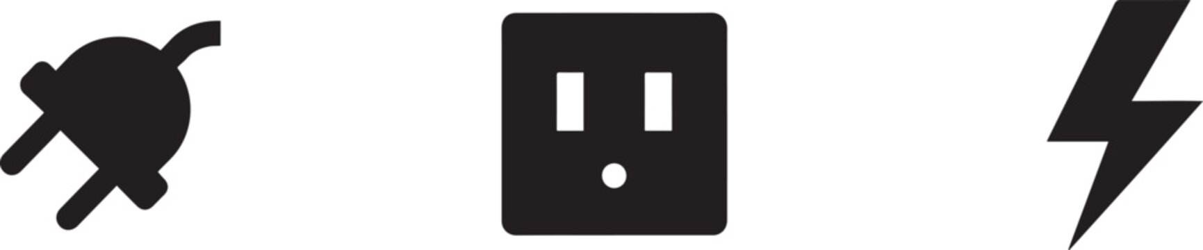 Electric charge icon set with plug, socket, and lightning bolt symbols. silhouette Vector illustration