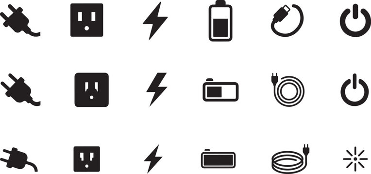 Electric charge icon set with plug, socket, and lightning bolt symbols. silhouette Vector illustration