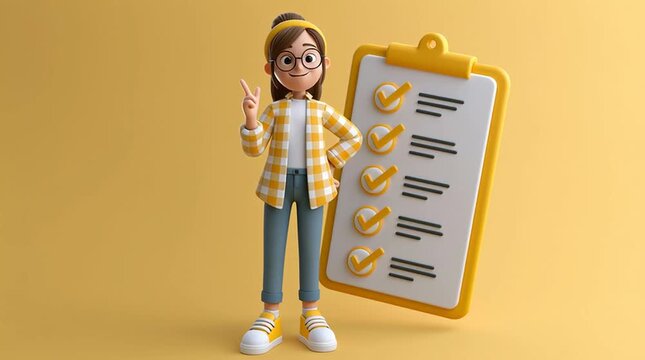 Character standing beside a giant floating checklist, marking items one by one and presenting progress, seamless loop animation illustrating productivity, organization, and task management.