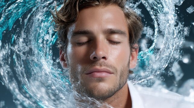 Man stands with eyes closed as water swirls around his face during a creative photo shoot in a studio setting Generative AI