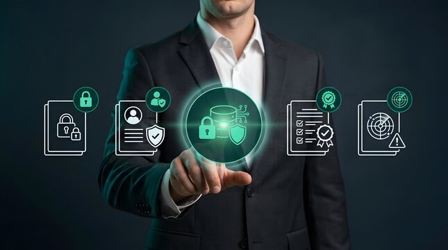 Businessman interacts with a glowing digital database security interface while standing in front of a dark background representing advanced corporate cyber protection and data management systems.