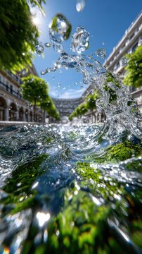 Water splashes in a city square with trees and buildings under a clear blue sky during daytime Generative AI