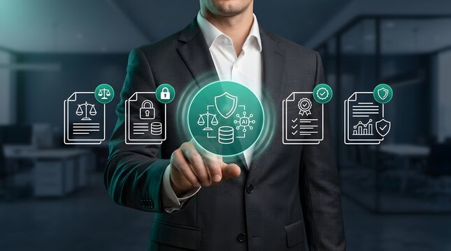 Businessman touches a glowing digital interface featuring icons related to artificial intelligence data compliance and legal security standards.
