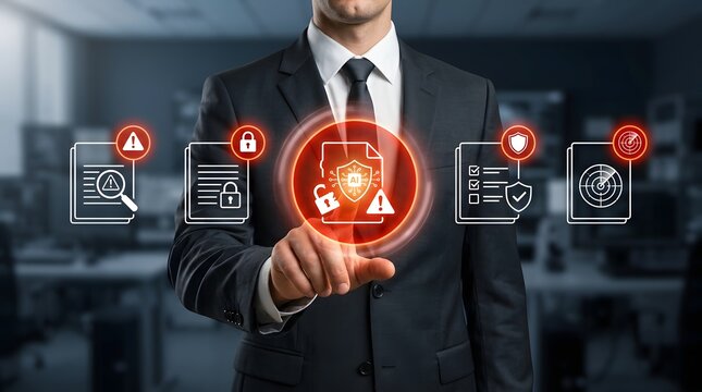 Businessman interacts with a glowing digital interface displaying various security icons to manage complex data protection and monitor artificial intelligence threats.