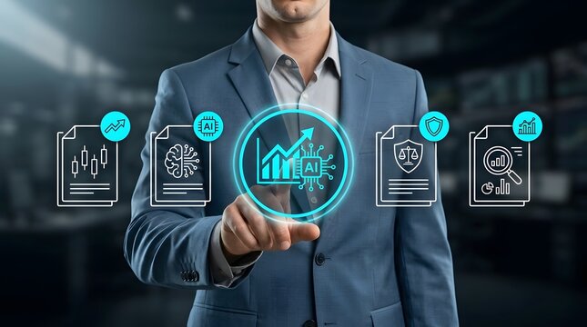 Businessman interacts with futuristic glowing artificial intelligence icons and charts to analyze complex corporate data while optimizing business strategies for future growth.