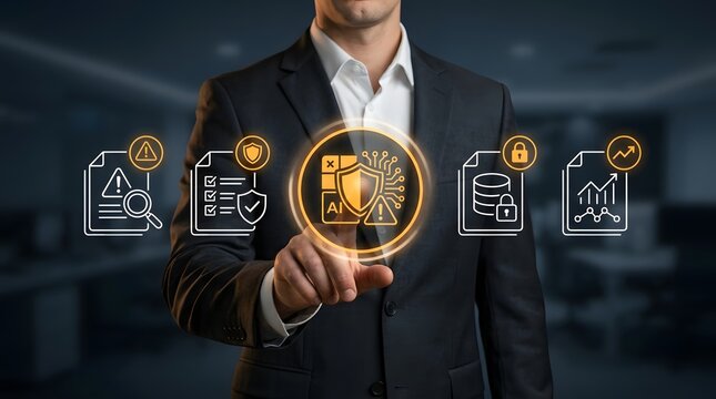 Businessman in a dark suit interacts with a glowing digital interface displaying various security icons and data protection symbols to manage corporate information systems.