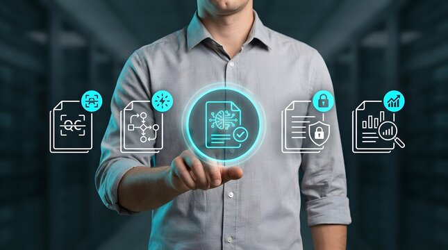 Businessman interacts with a glowing digital interface featuring various icons for document management and data processing to represent modern corporate strategy and advanced technological solutions.