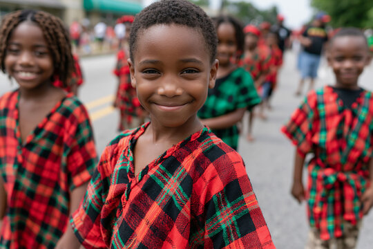 Young children wear vibrant red and green plaid shirts. They smile warmly, walking together in a lively procession. Their joyful expressions radiate community spirit and cultural pride