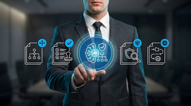 Businessman in a formal suit interacts with glowing artificial intelligence and data management icons on a virtual interface to streamline corporate processes and enhance organizational security.