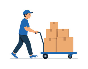 Fototapeta premium Professional flat vector character scene of a courier worker pushing a large heavy hand truck trolley with boxes, character,