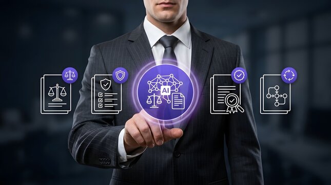 Businessman interacts with a artificial intelligence compliance icons on a glowing digital interface to ensure corporate legal standards are met within a modern secure business information system.