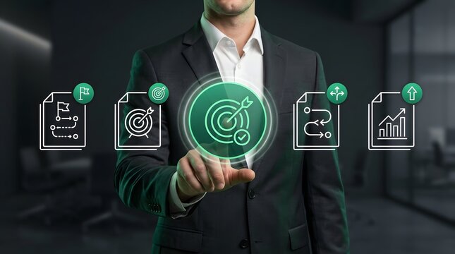 Businessman in a dark suit interacts with glowing green digital business goal icons which represent strategic planning and corporate success within a modern office environment for future growth.