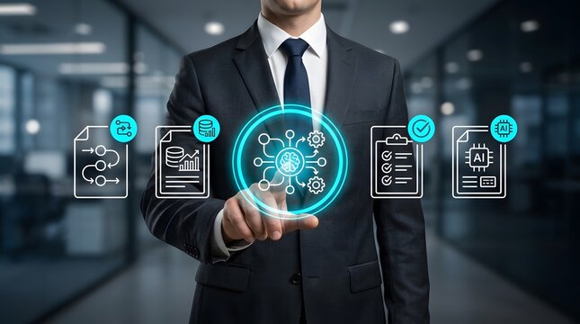 Businessman in dark suit touches a glowing digital interface displaying various artificial intelligence icons representing complex data analysis and workflow automation processes.